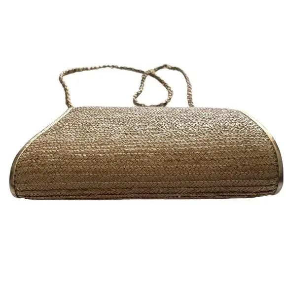 La Regale Woven Straw Grass Handbag Purse Gold Tone Hardware Vintage Chain Strap - Picture 7 of 8
